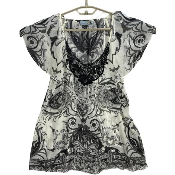 Unity Tunic Top Women Size L Off White Gray Sheer Short Sleeve Boho Fairy Grunge - Picture 1 of 7